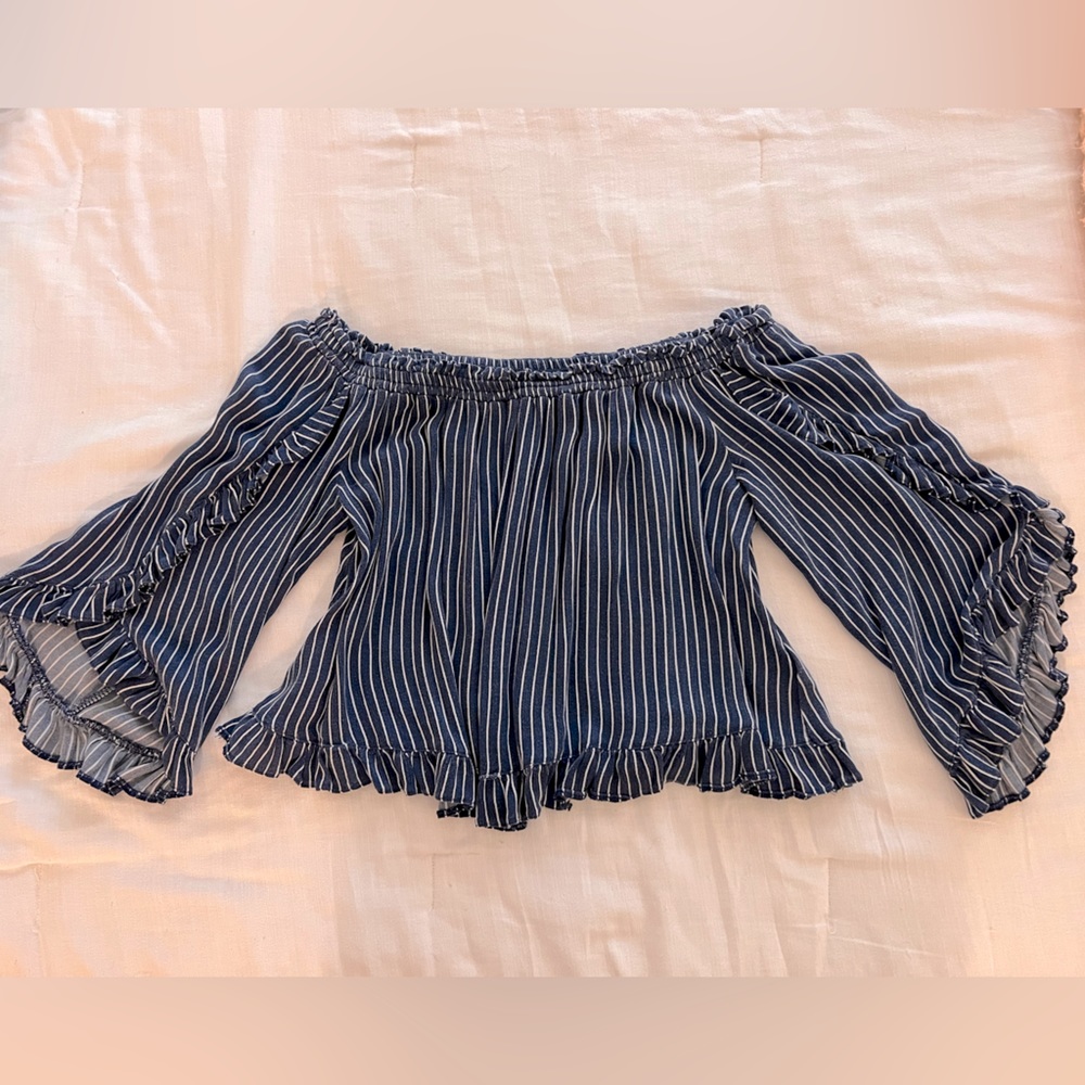 American Eagle Outfitters Off The Shoulder Navy Blue Striped Top